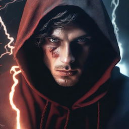 A portrait of a young angry man with dark brown hair and some blood on his face, wearing a black hood, holding a sword with a lightning bolt