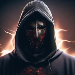 A portrait of a mysterious man wearing a mask with some blood on his face, wearing a black hood, holding a sword with a lightning bolt