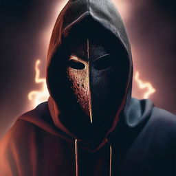 A portrait of a mysterious man wearing a mask with some blood on his face, wearing a black hood, holding a sword with a lightning bolt