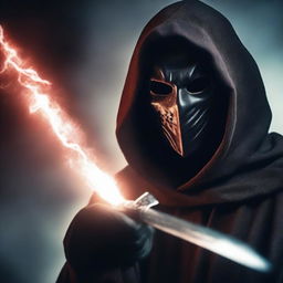 A portrait of a mysterious man wearing a mask with some blood on his face, wearing a black hood, holding a sword with a lightning bolt