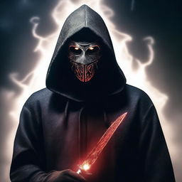 A portrait of a mysterious man wearing a mask with some blood on his face, wearing a black hood, holding a sword with a lightning bolt