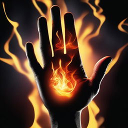 A hand engulfed in flames, with the fire swirling around the fingers and palm