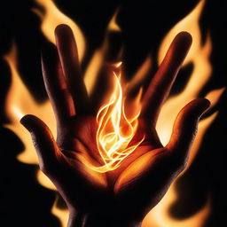 A hand engulfed in flames, with the fire swirling around the fingers and palm