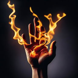 A hand engulfed in flames, with the fire swirling around the fingers and palm