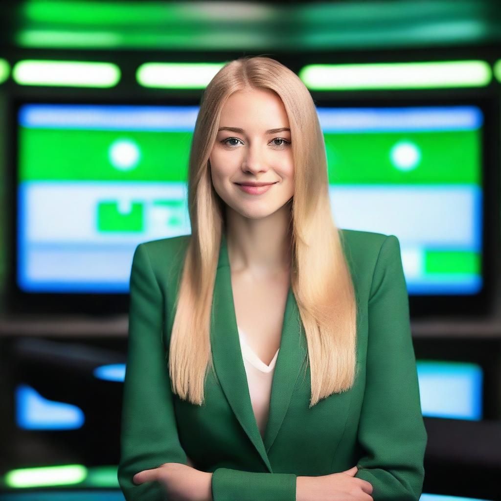 An attractive 23-year-old Caucasian woman with long straight blonde hair, dressed in a green blazer, sits in a sophisticated TV studio