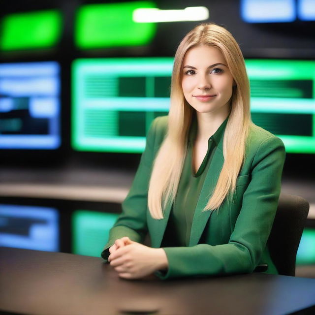 An attractive 23-year-old Caucasian woman with long straight blonde hair, dressed in a green blazer, sits in a sophisticated TV studio