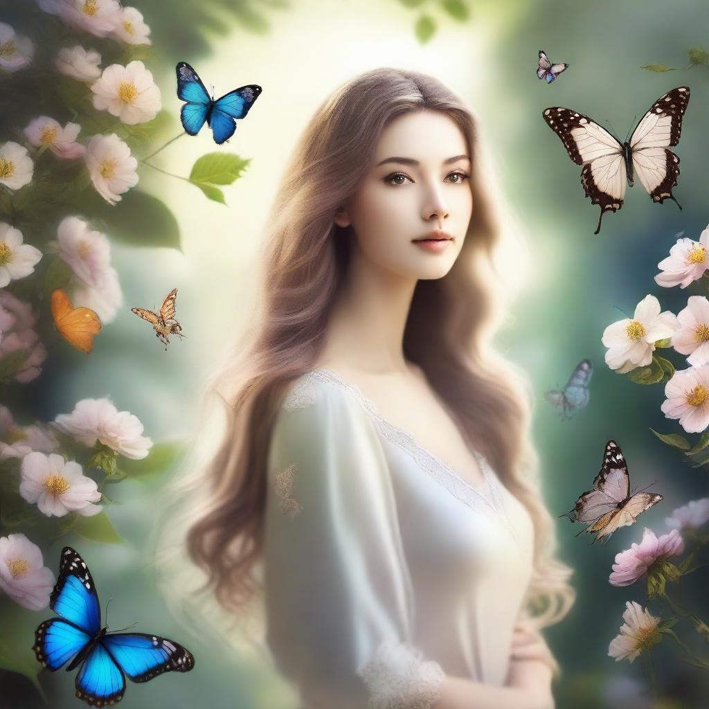 A beautiful lady with flowing hair standing in a serene garden, surrounded by blooming flowers and butterflies