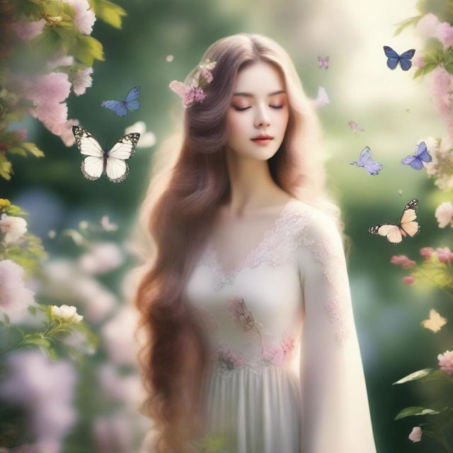 A beautiful lady with flowing hair standing in a serene garden, surrounded by blooming flowers and butterflies