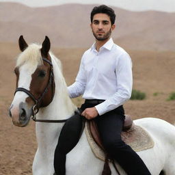 A 25-year-old Iranian Muslim man, confidently riding a horse, sporting a white shirt and black pants.