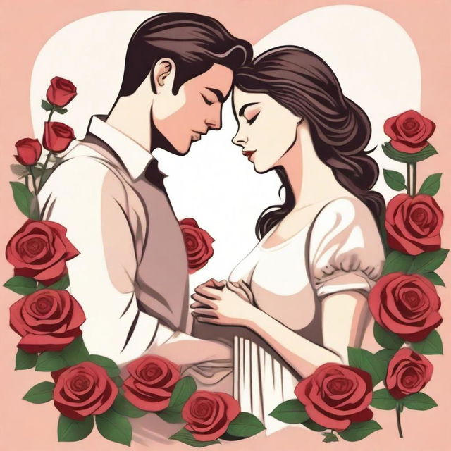 A romantic scene featuring a man and woman surrounded by roses