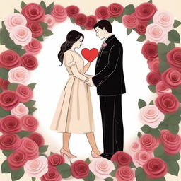 A romantic scene featuring a man and woman surrounded by roses