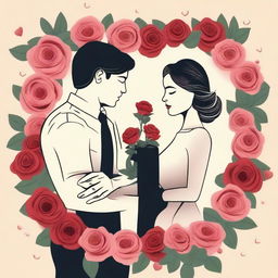 A romantic scene featuring a man and woman surrounded by roses