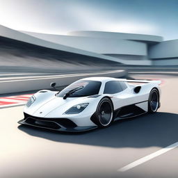 A modern supercar inspired by 90s Group C racecars and Le Mans vehicles, featuring a sleek white color and a long tail design