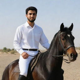 A 25-year-old Iranian Muslim man, confidently riding a horse, sporting a white shirt and black pants.