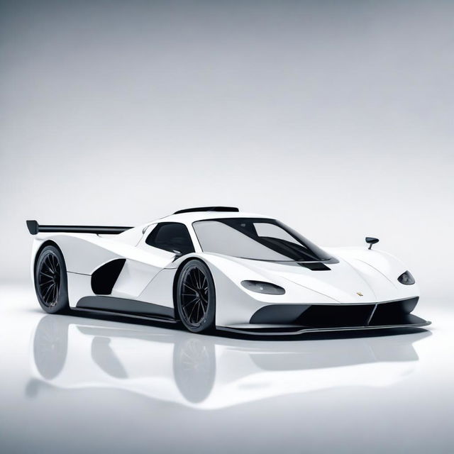 A modern supercar inspired by 90s Group C racecars and Le Mans prototypes, featuring a sleek white color and a long tail design