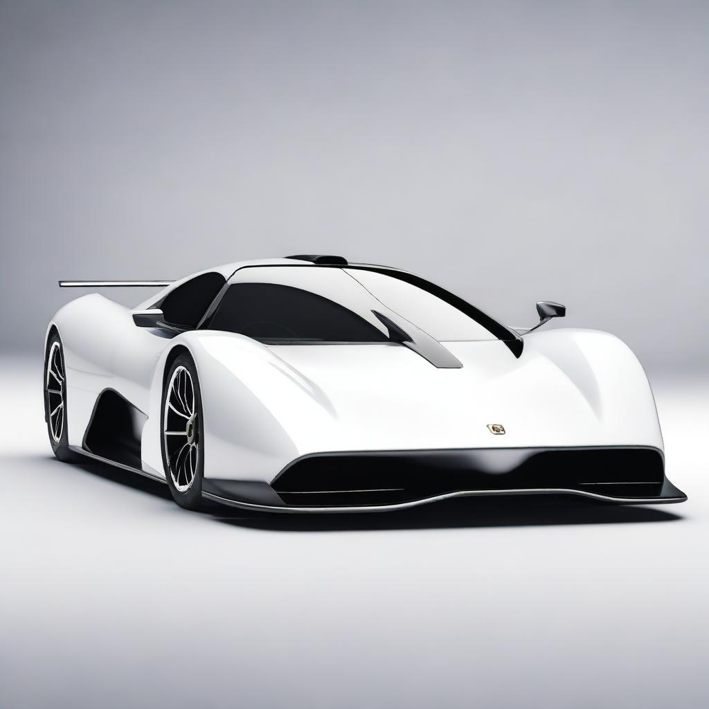 A modern supercar inspired by 1990s Group C racecars and Le Mans prototypes, featuring a sleek white color and a long tail design