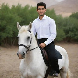 A 25-year-old Iranian Muslim man, confidently riding a horse, sporting a white shirt and black pants.