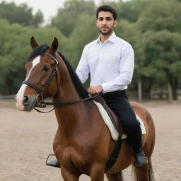 A 25-year-old Iranian Muslim man, confidently riding a horse, sporting a white shirt and black pants.