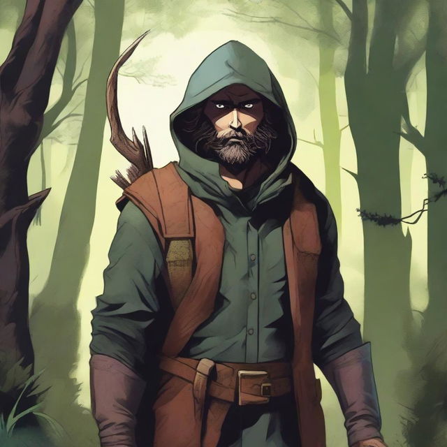 A detailed illustration of a hunter with a magical eye, standing in a dense forest