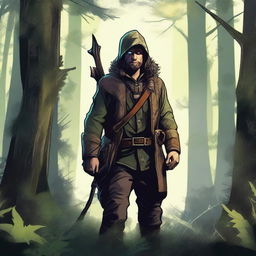 A detailed illustration of a hunter with a magical eye, standing in a dense forest