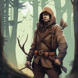 A detailed illustration of a hunter with a magical eye, standing in a dense forest