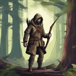 A detailed illustration of a hunter with a magical eye, standing in a dense forest