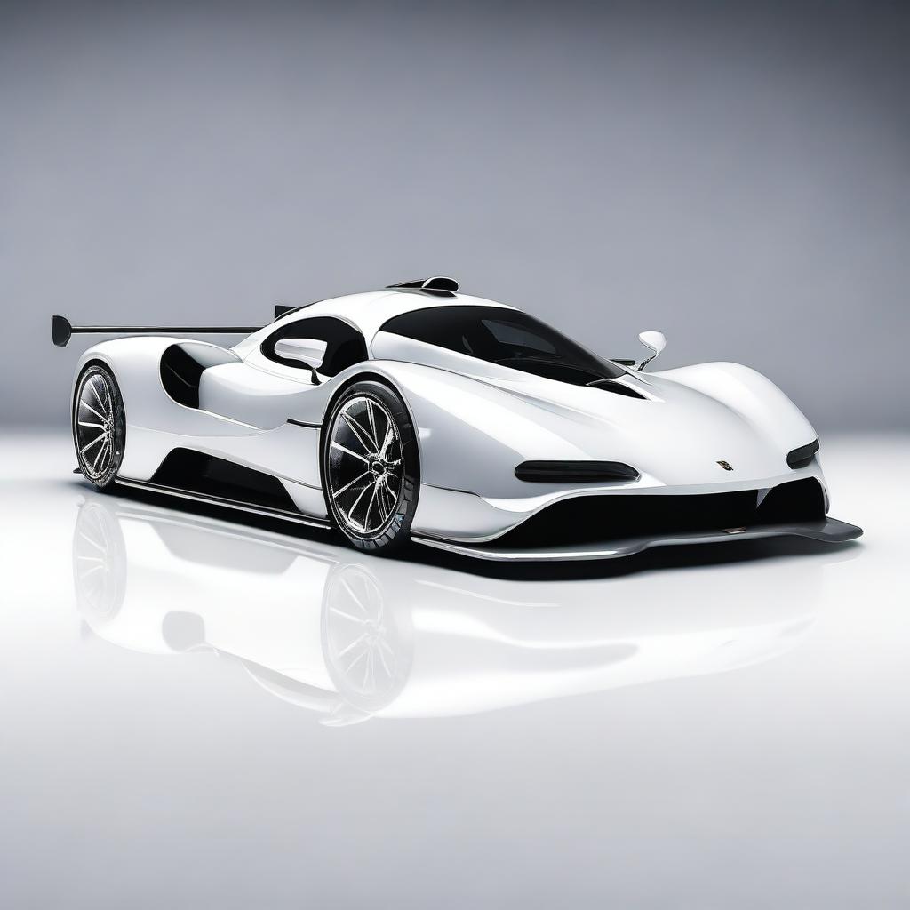 A modern supercar inspired by 1990s Group C racecars and Le Mans prototypes, featuring a sleek white color and a long tail design