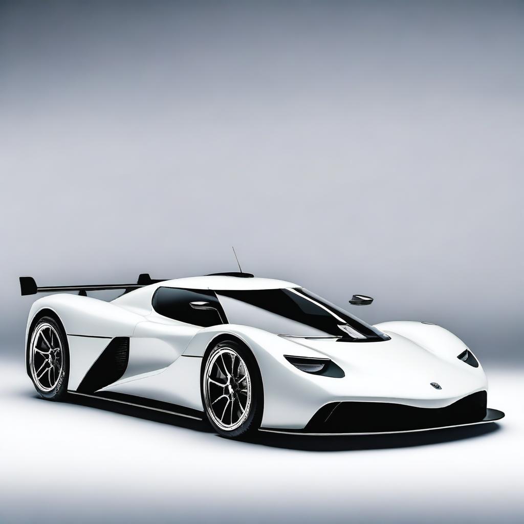 A modern supercar inspired by 1990s Group C racecars and Le Mans prototypes, featuring a sleek white color and a long tail design