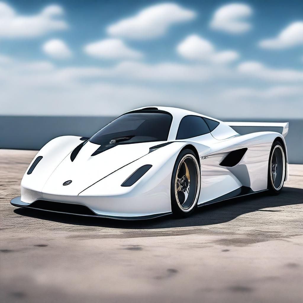 A futuristic supercar inspired by 1990s Group C racecars and Le Mans prototypes, featuring a sleek white color and a long tail design