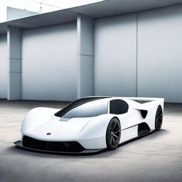 A futuristic supercar inspired by 1990s Group C racecars and Le Mans prototypes, featuring a sleek white color and a long tail design