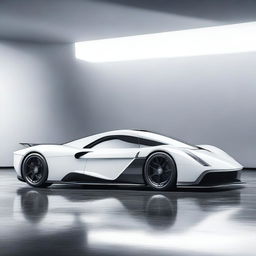 A futuristic supercar inspired by 1990s Group C racecars and Le Mans prototypes, featuring a sleek white color and a long tail design