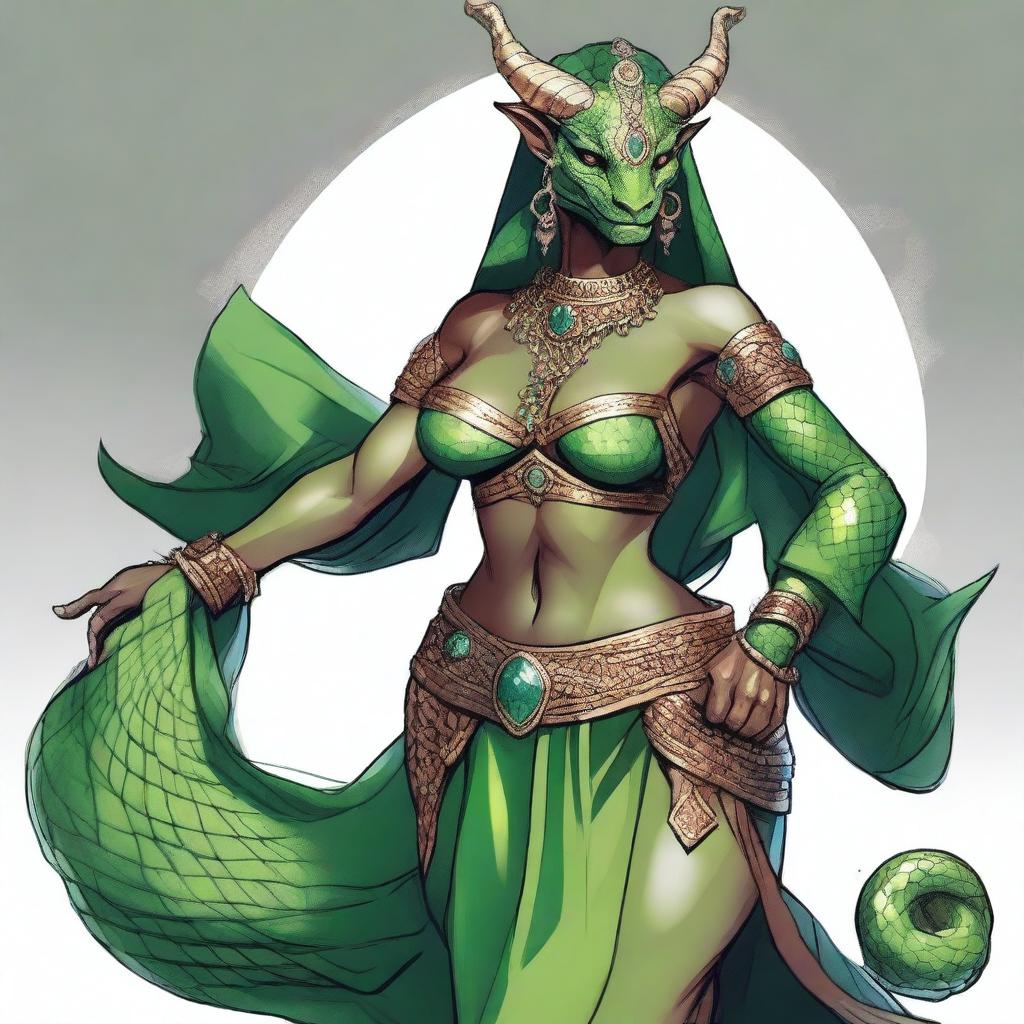 A detailed illustration of a female Dragonborn character from Dungeons & Dragons