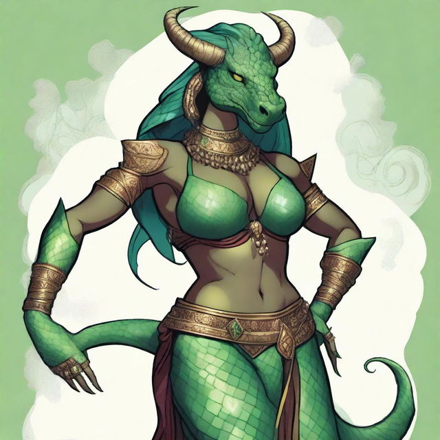 A detailed illustration of a female Dragonborn character from Dungeons & Dragons