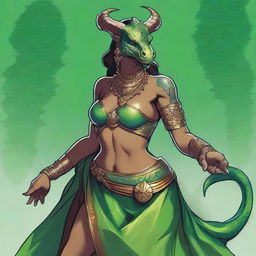 A detailed illustration of a female Dragonborn character from Dungeons & Dragons