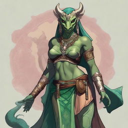 A detailed illustration of a female Dragonborn character from Dungeons & Dragons