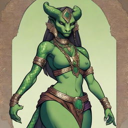 A detailed illustration of a female Dragonborn character from Dungeons & Dragons