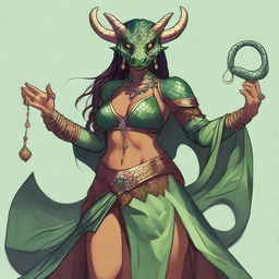 A detailed illustration of a female Dragonborn character from Dungeons & Dragons