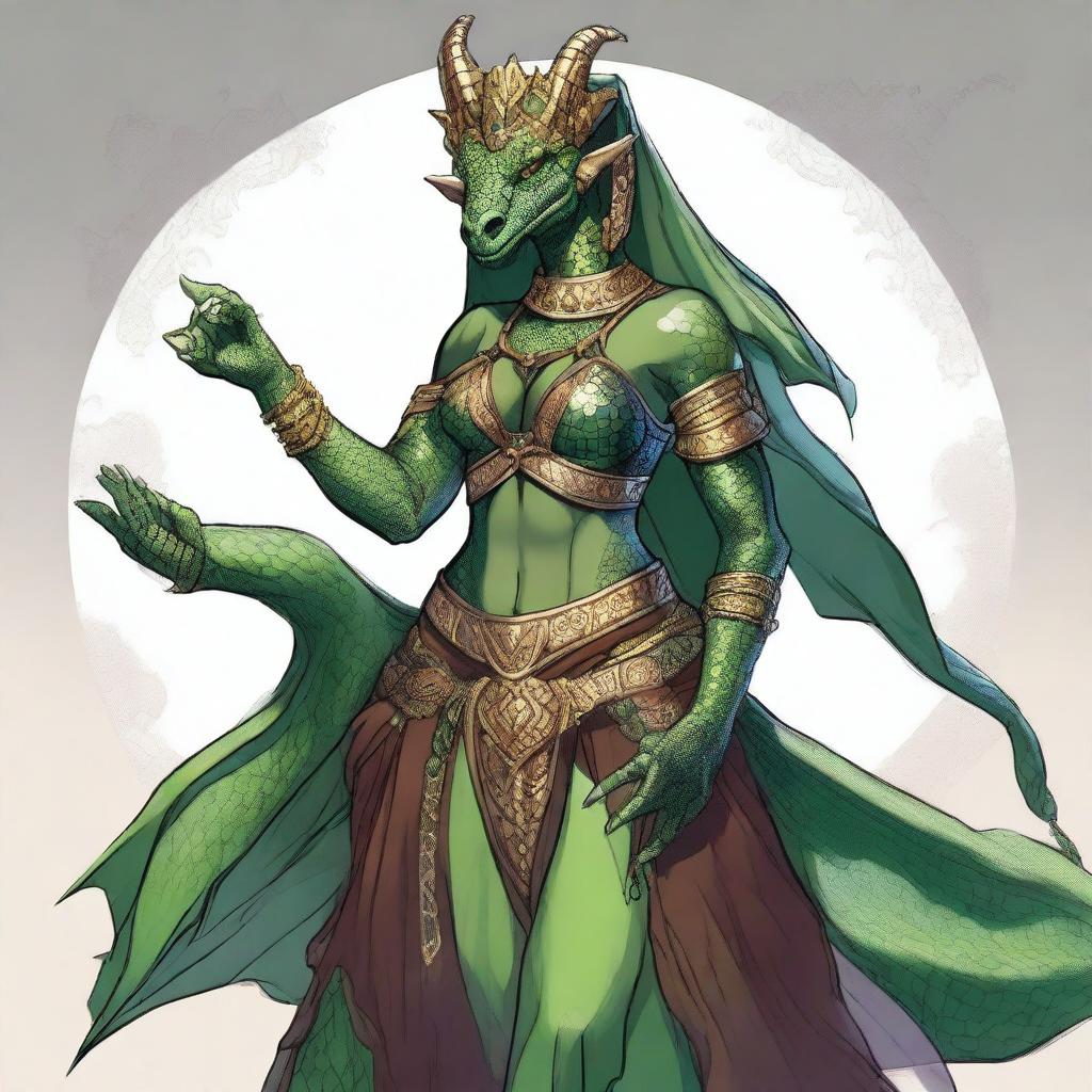 A detailed illustration of a female Dragonborn character from Dungeons & Dragons