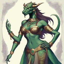 A detailed illustration of a female Dragonborn character from Dungeons & Dragons