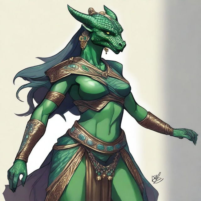 A detailed illustration of a female Dragonborn character from Dungeons & Dragons