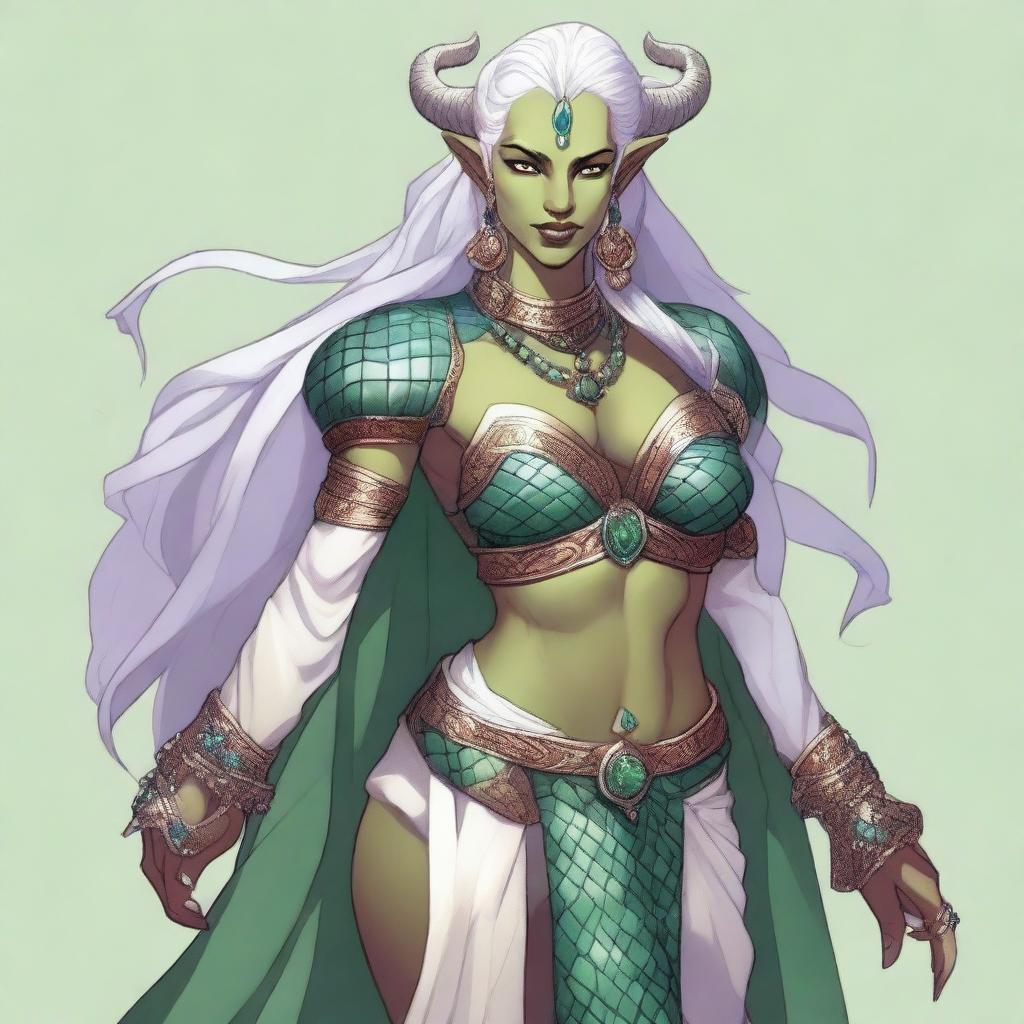A detailed illustration of a female Dragonborn character from Dungeons & Dragons