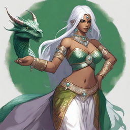 A detailed illustration of a female Dragonborn character from Dungeons & Dragons