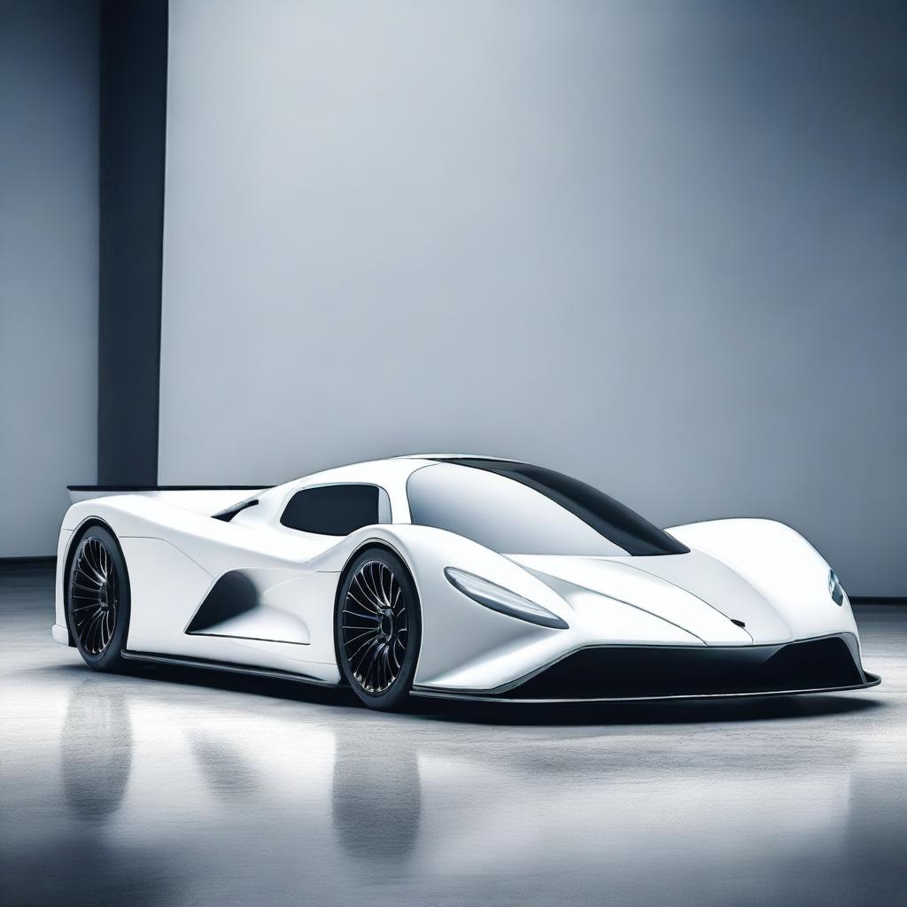 A futuristic supercar inspired by 1990s Group C racecars and Le Mans prototypes, featuring a sleek white color and a long tail design