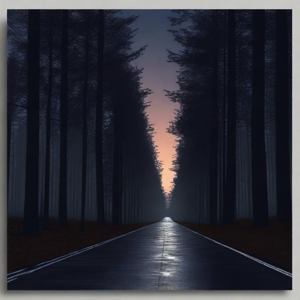 Generate a dark realism style image of a lonely and forgotten road, flanked by dense forests under a night sky