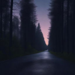 Generate a dark realism style image of a lonely and forgotten road, flanked by dense forests under a night sky