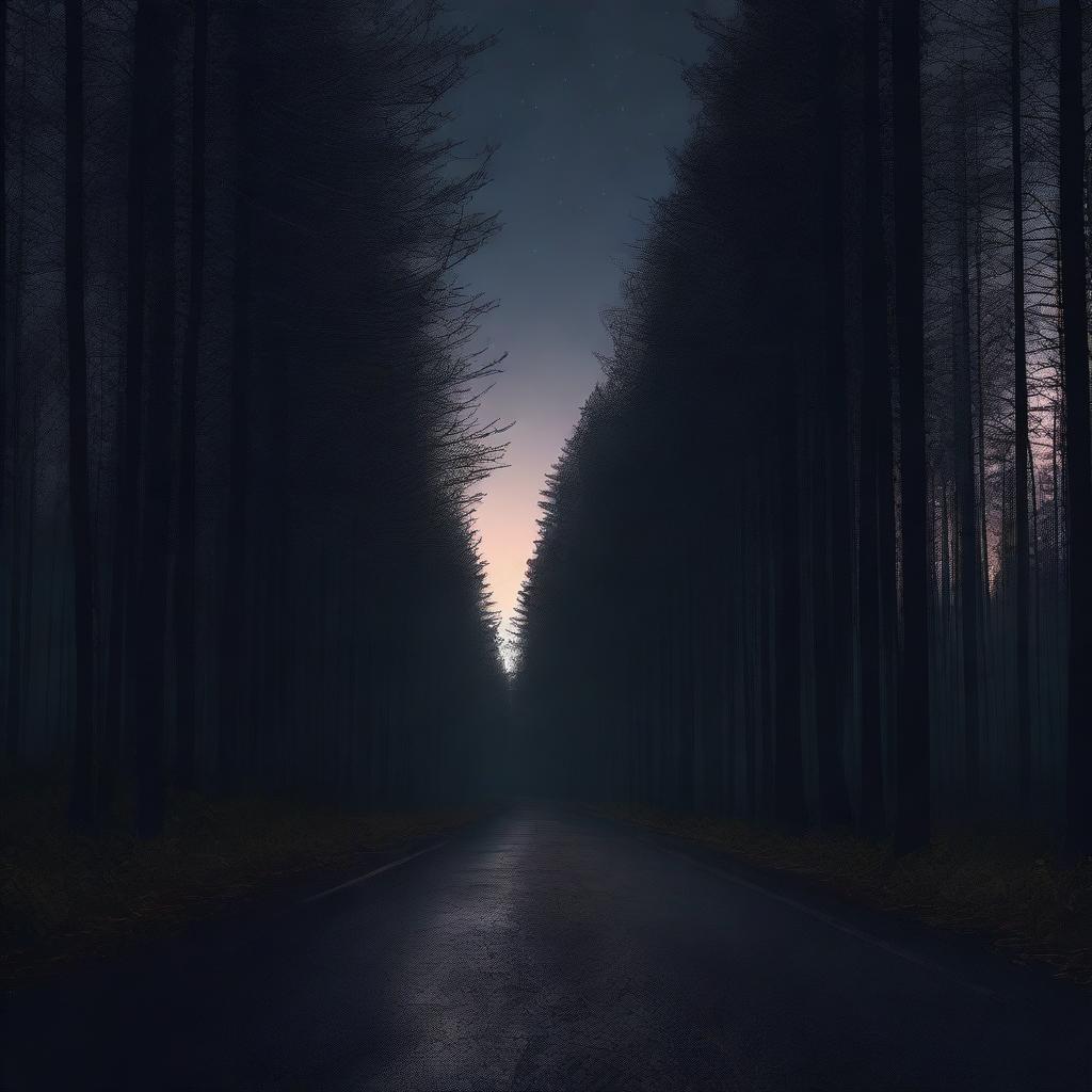 Generate a dark realism style image of a lonely and forgotten road, flanked by dense forests under a night sky