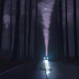 Generate a dark realism style image of a lonely and forgotten road, flanked by dense forests under a night sky