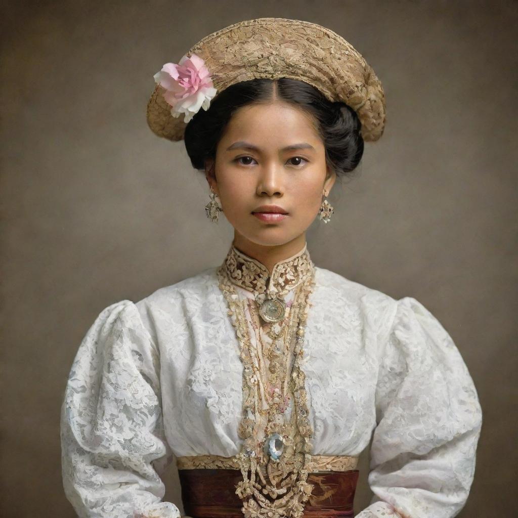 A Filipina woman from the year 1896, poised and dignified, dressed in the traditional national costume of the Philippines.