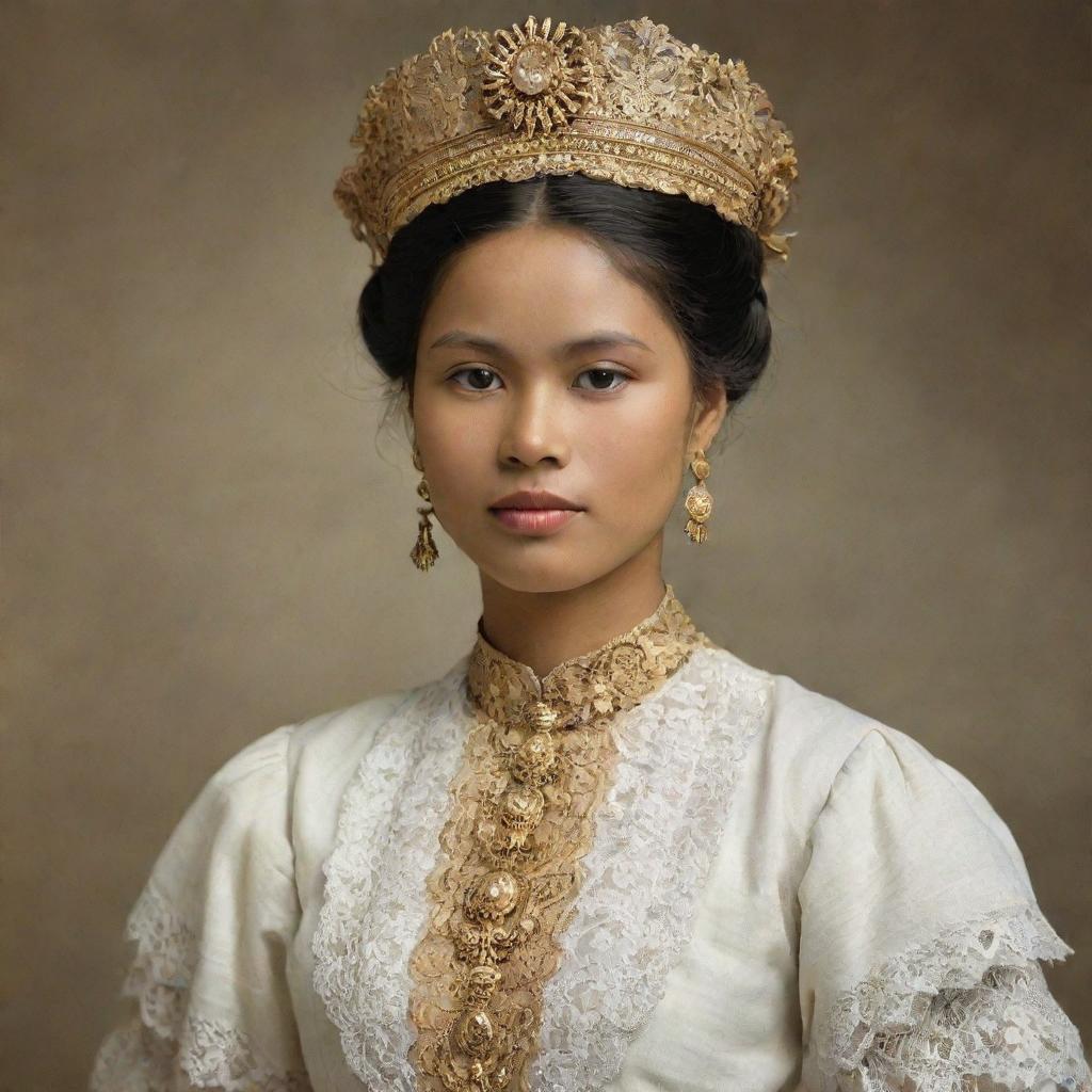 A Filipina woman from the year 1896, poised and dignified, dressed in the traditional national costume of the Philippines.