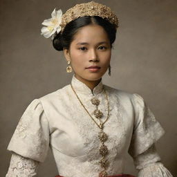 A Filipina woman from the year 1896, poised and dignified, dressed in the traditional national costume of the Philippines.